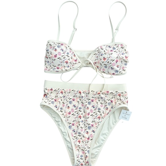 Caroline Constas Other - NWOT Caroline Constas Floral High-Waist High-Leg Bikini Set XS Cream Pink
